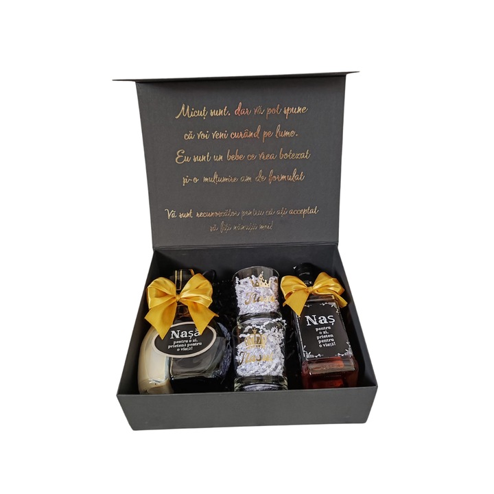 Cutie premium neagra cu mesaj de multumire nasi botez, 25*35 cm