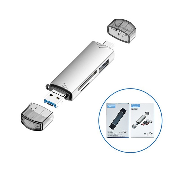 Kártyaolvasó, Axroad Mall, 6 az 1-ben, USB 3.0/Type-C, Micro USB, SD/MicroSD támogatás, Plug and Play, Nagyon gyors adatátvitel, hordozható, univerzális kompatibilitás, alumínium tok, ezüst