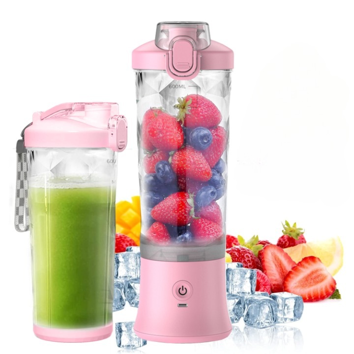 Mini Blender Electric Portabil, Bleksy®, Multifunctional, Autonomie Mare la Baterie, Reincarcabila prin USB-C, 4000mAh, Recipient Detasabil cu Capac, Fara BPA, Putere 150W, 600 ml, Roz
