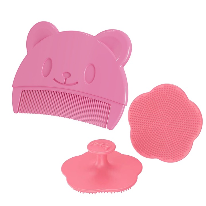 Четка за баня и бебешки гребен за премахване на корички, Axroad Mall, Pink Bear, преносими, лесни за използване и почистване, за 0 месеца +, подходящи за професионална или домашна употреба, силикон, розов