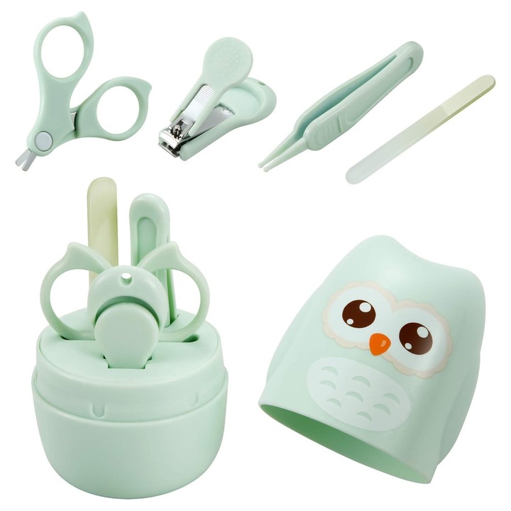 Set 4 piese pentru ingrijire unghii bebelusi, Axroad Mall, Portabil, Avand unghiera, pila ABS, forfecuta si penseta, Pentru 0 luni +, Otel inoxidabil, Cutie verde