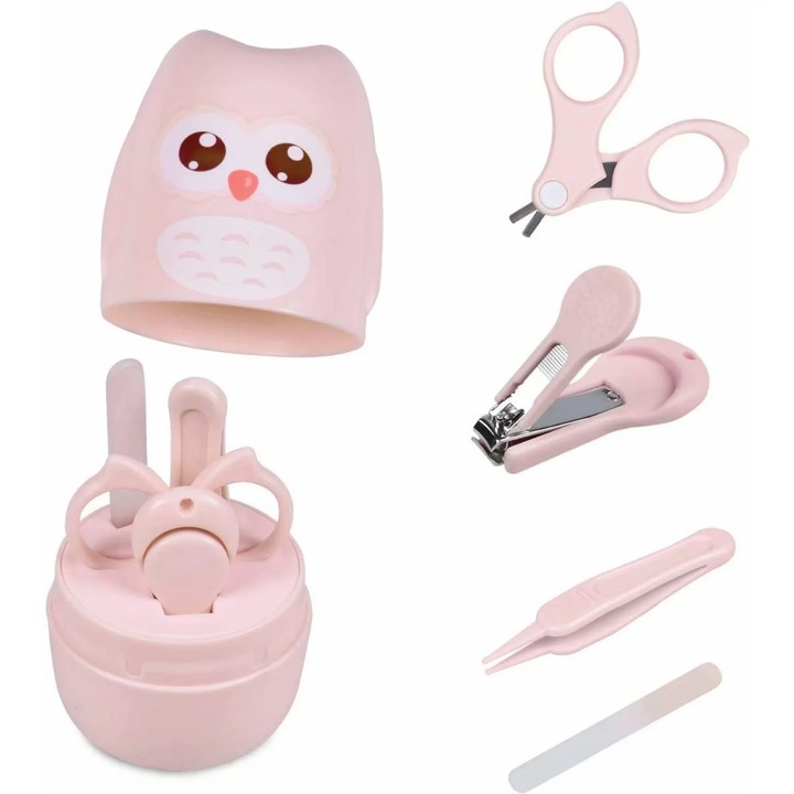 Set 4 piese pentru ingrijire unghii bebelusi, Axroad Mall, Model bufnita, Portabil, Avand unghiera, pila ABS, forfecuta si penseta, Usor de utilizat, Pentru 0 luni +, Indepartarea Crustelor, Otel inoxidabil, Roz