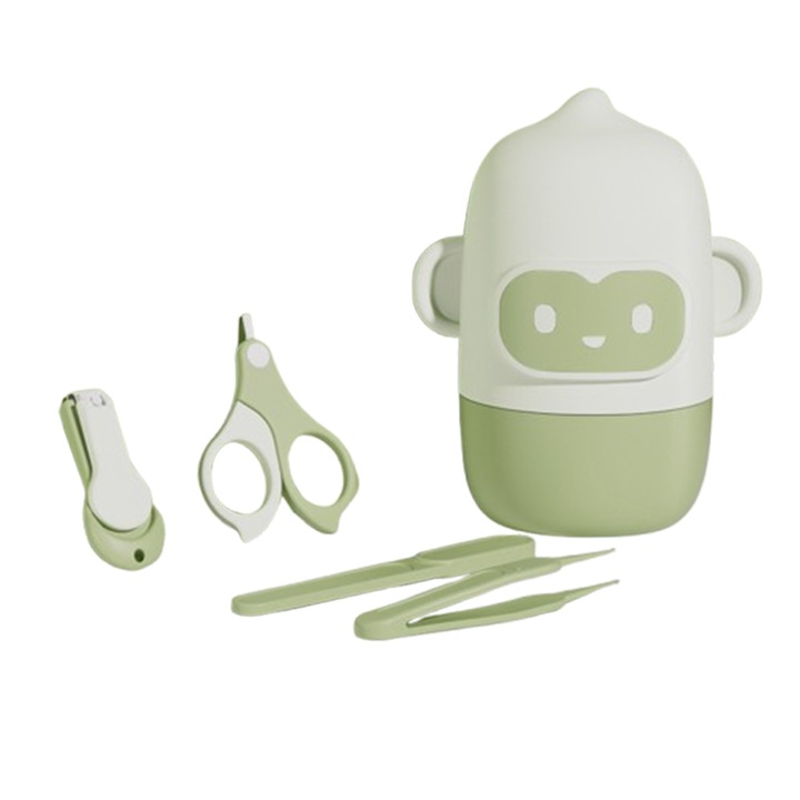 Set 4 piese pentru ingrijire unghii bebelusi, Axroad Mall, Model maimuta, Portabil, Avand unghiera, pila ABS, forfecuta si penseta, Usor de utilizat, Pentru 0 luni +, Indepartarea Crustelor, Otel inoxidabil, Verde