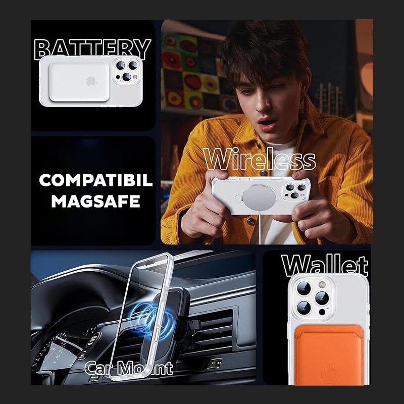 Husa pentru iPhone 16 Pro Max Premium Magsafe Ring, Inel de Prindere, Incarcare Wireless, Antisoc, Fumuriu cu margini Albe