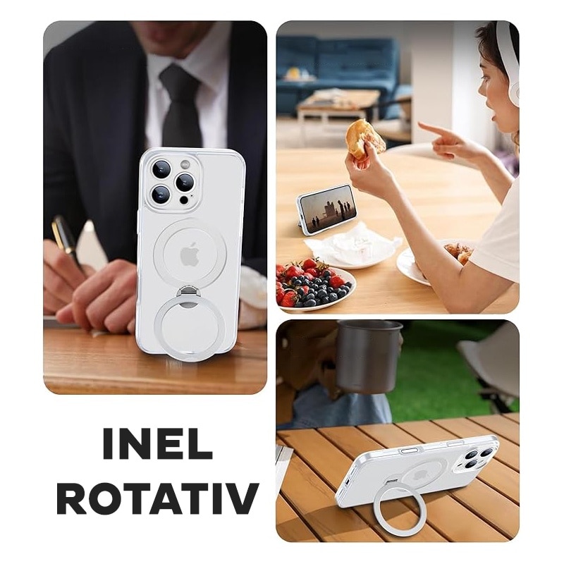 Husa pentru iPhone 16 Pro Max Premium Magsafe Ring, Inel de Prindere, Incarcare Wireless, Antisoc, Fumuriu cu margini Albe