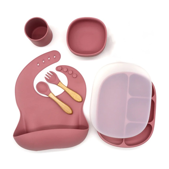Силиконов комплект за хранене за бебета, Mamefericite, лигавник, купа с вендуза, преградна чиния, лъжица и вилица, стъкло, без алергени, розов
