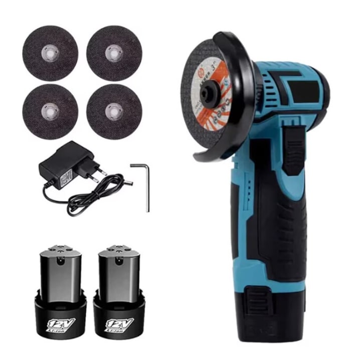 Mini Polizor Flex Unghiular Portabil, 2 acumulatori 12V, 4 discuri 76 mm, 1500 mAh, 19500 rpm, 750W, Puternic, Autonomie Mare, Verde/Negru