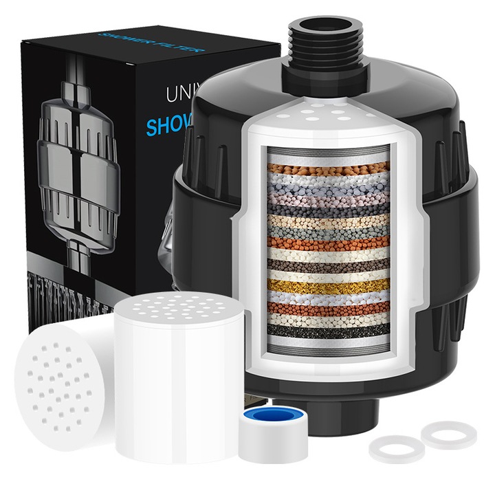Филтър за вода за душ с 20 степени на филтриране, отстраняване на хлор, отстраняване на тежки метали, отстраняване на ръжда, отстраняване на утайки, отстраняване на органични вещества, 2 включени касети, черен