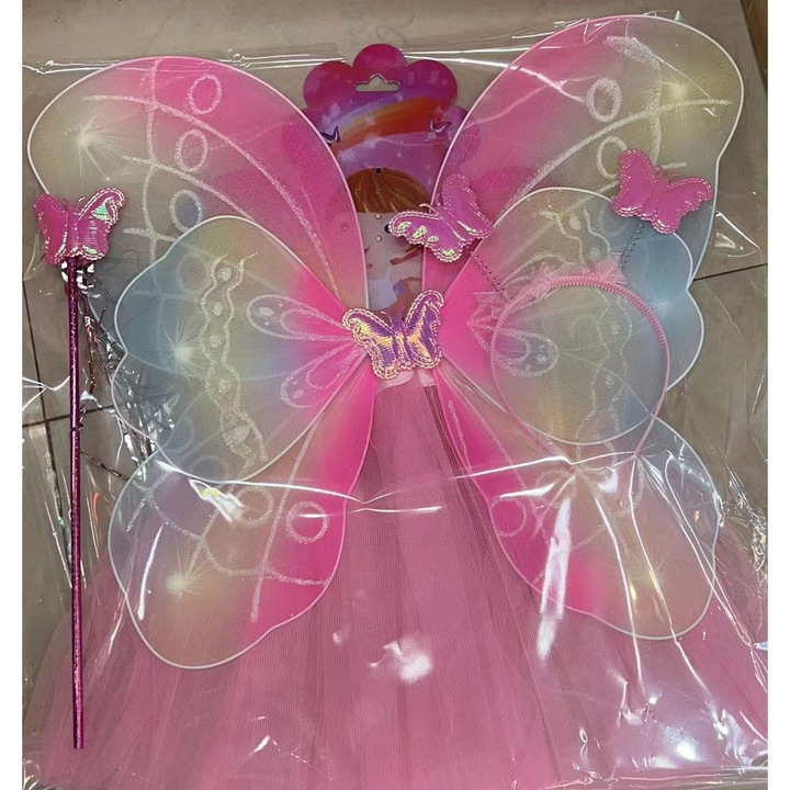 Set Costum Fluturas pentru Fetite, cu Fustita, Aripioare, Coronita si Bagheta, din Tull si Aplicatii stralucitoare, 3-5 ani, AK4548