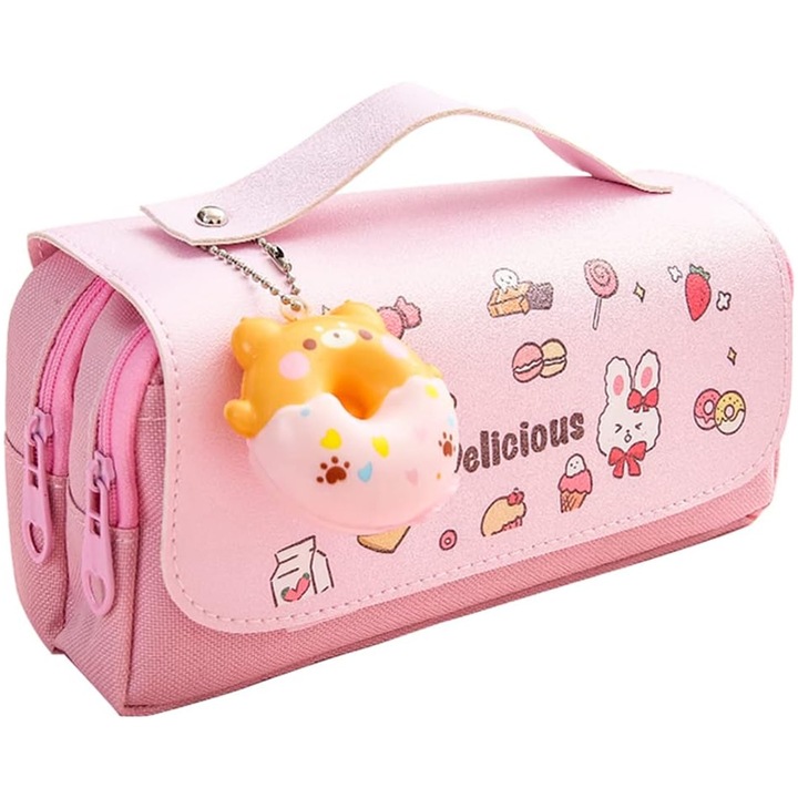 Penar pentru fete, Axroad Mall, 3 compartiment, Design cartoon, Penar pentru prescolari, gradinita, clasa 0,1,2,3,4, Pentru majoritatea pixurilor si creioanelor, cleme, benzi de corectare a riglelor, markere, Panza, 21 x 10 x 8 cm, Rosu