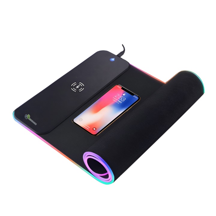 Mousepad RGB cu Incarcator Wireless, Konzmann, Margini Iluminate, Design Modern, Functionalitate Avansata, Antiderapant, Compatibilitate Universala, Birou, Gaming