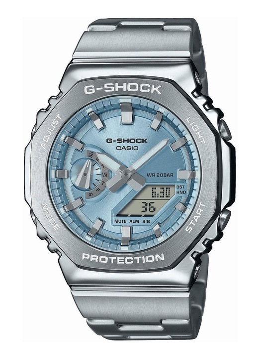 Ceas barbati, Casio G-SHOCK GM-2110D-2AER, quartz, otel inoxidabil si plastic ranforsat cu rasina, argintiu/albastru, 20 ATM