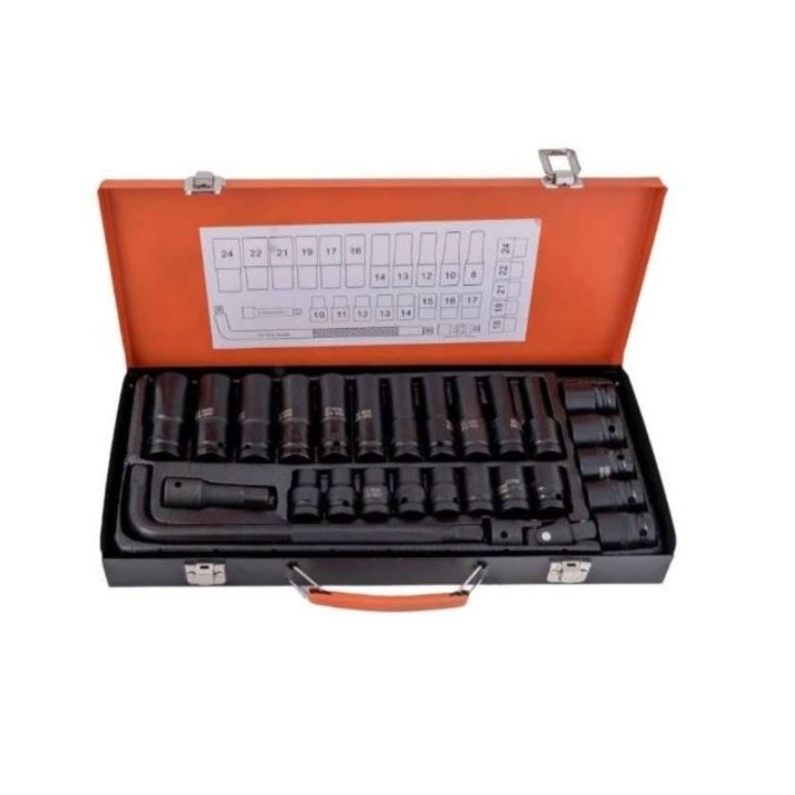 Trusa chei tubulare impact adanci 1/2, set 27 piese