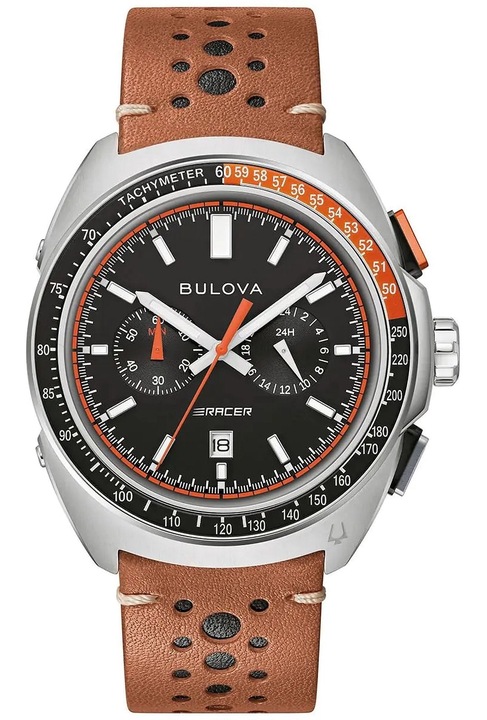 Ceas pentru barbati, Bulova Chronograph 98B427, mecanism quartz, curea din piele naturala maro, carcasa din inox, negru, 10 ATM