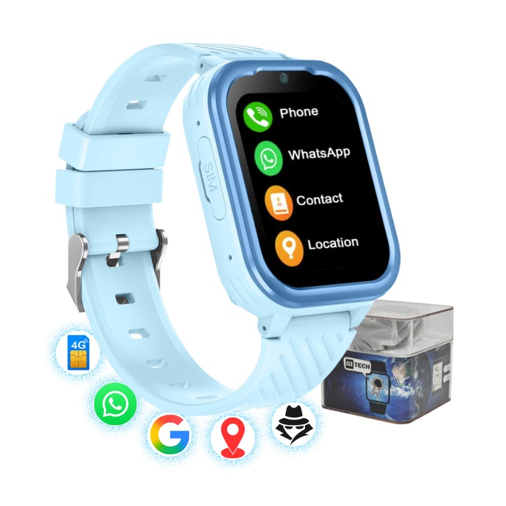 Ceas Smartwatch Copii 4G, GPS, Whatsapp, Cartela SIM, Wi-Fi, Camera, Mod Spion, Buton SOS, Apel Video, Mesaj Vocal, Waterproof IPX7, Display IPS 1.83″, GITECH® G39 Compatibil Android / iOS, Albastru