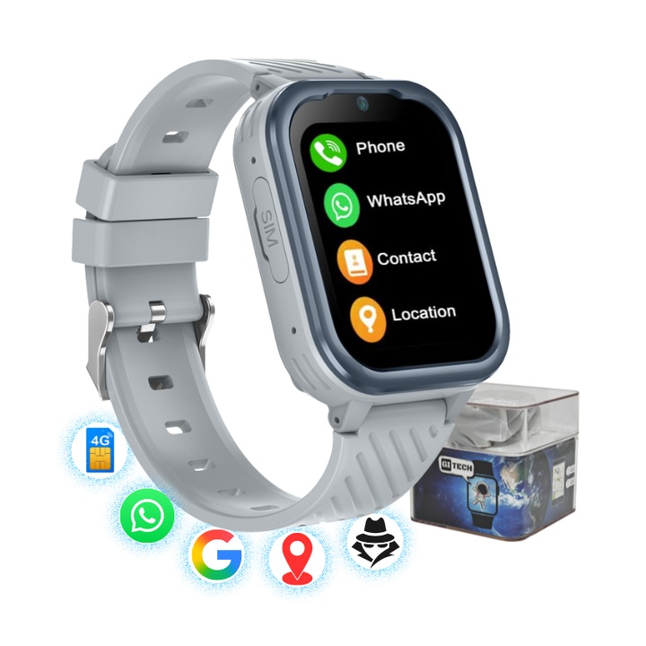 Ceas Smartwatch Copii 4G, GPS, Whatsapp, Slot Cartela SIM, Wi-Fi, Camera, Mod Spion, Buton SOS, Apel Video, Mesaj Vocal, Waterproof IPX7, Display IPS 1.83″, GITECH® G39 Compatibil Android / iOS, Gri