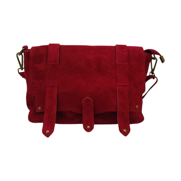 Дамска чанта, EVoStyle ME25, естествена италианска велурена кожа, червена, 29 x 19 x 10,5 cm