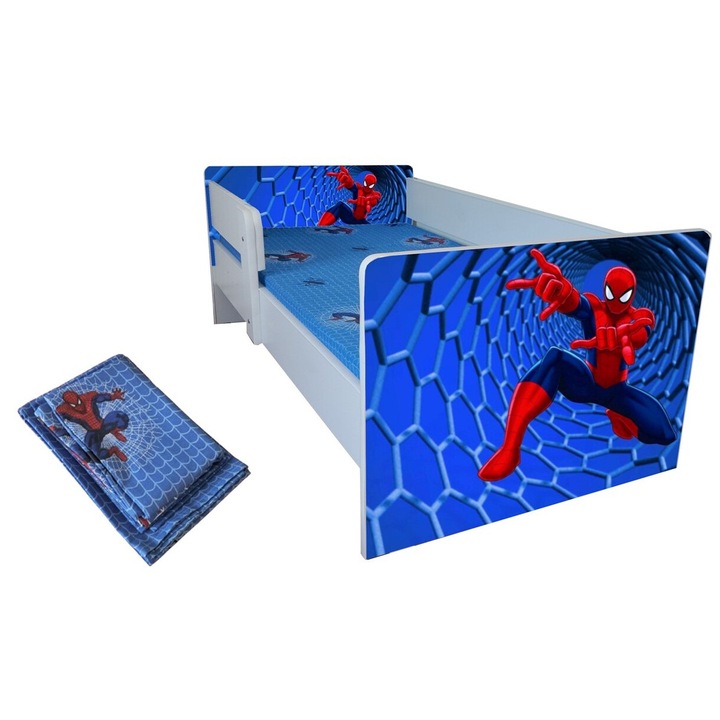 Pat copii Spider, 144x76 cm, saltea inclusa, lenjerie inclusa