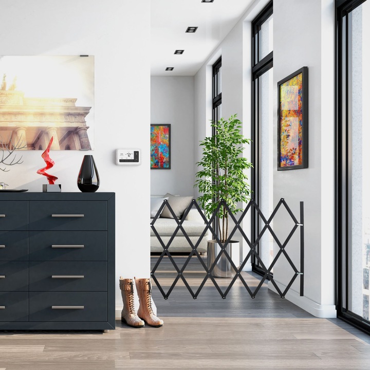 Poarta de siguranta extensibila pentru caini, flexibila, din bambus, Bariera de protectie pentru usi si scari, negru, 100 x 130 cm