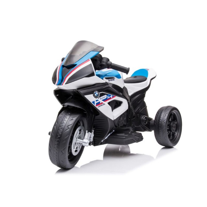 Motocicleta electrica pentru copii TRICICLO BMW HP4 12V ALB cu 2 motoare 12v