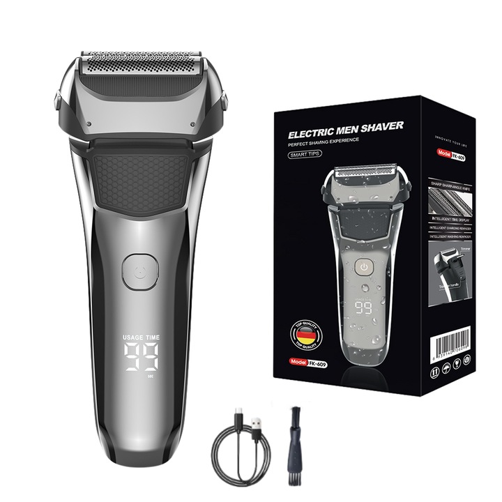 Професионална електрическа самобръсначка BIRAI, FK-609, самобръсначка 8600 RPM, тример, акумулаторна батерия, 3 гъвкави ножчета, водоустойчив, LCD дисплей, LED дисплей, супер бързо зареждане през USB, водоустойчив, мокро и сухо бръснене, черен