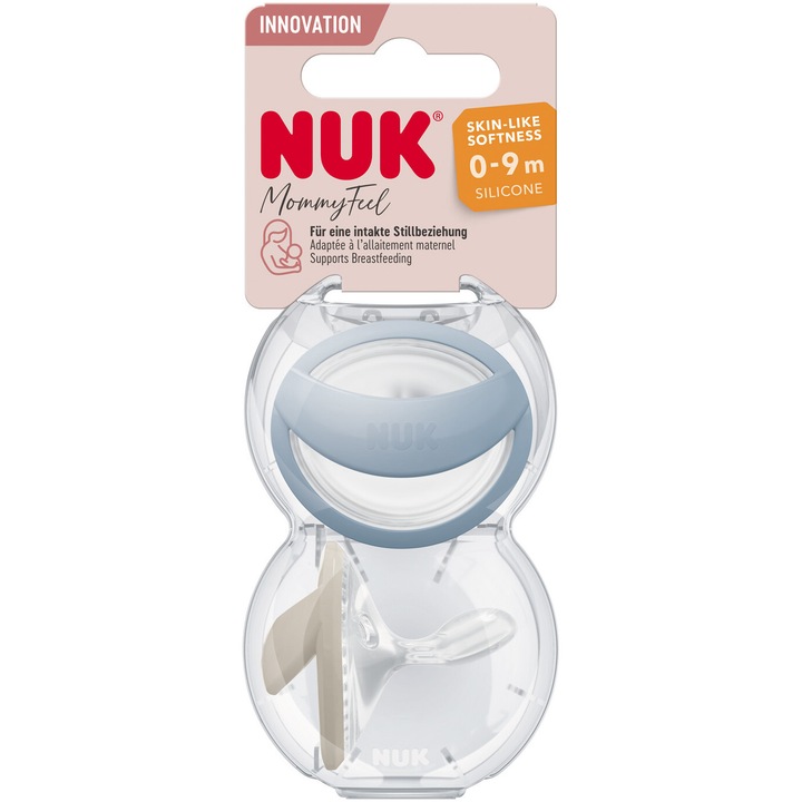 Mommyfeel Nuk cumi, szilikon, 0-9 hónapos, speciálisan szoptatott babák számára, fogszabályzós forma, 2 db-os készlet/doboz, kék/bézs