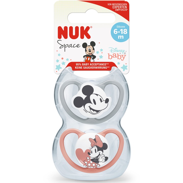 Биберон Nuk Space Mickey, Силиконов, 6-18 месеца, Комплект 2 броя/кутия, Червен/Сив