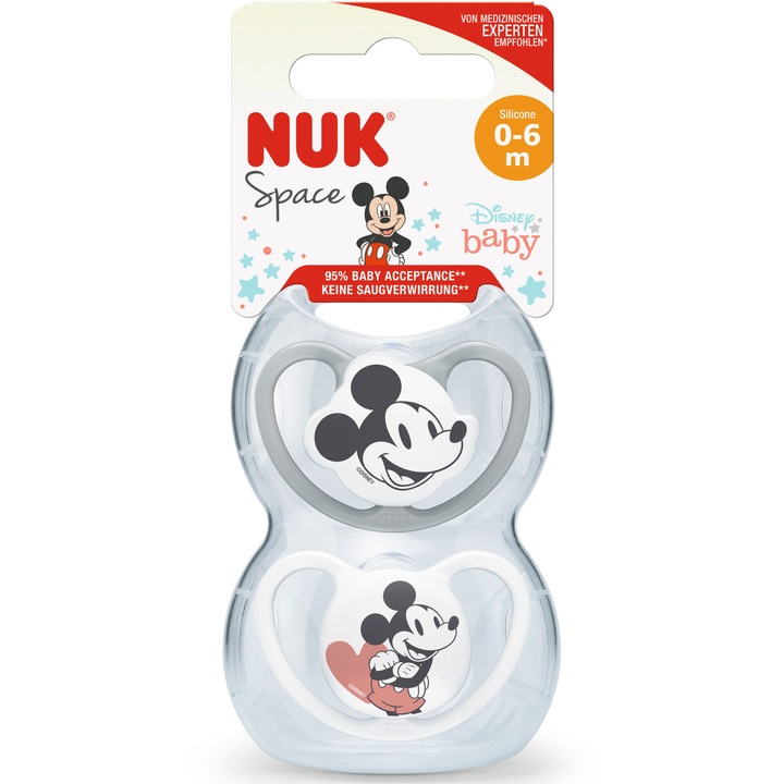 Биберон Nuk Space Mickey, Силиконов, 0-6 месеца, Ортодонтична форма, Комплект 2 броя/кутия, Сив/Бял