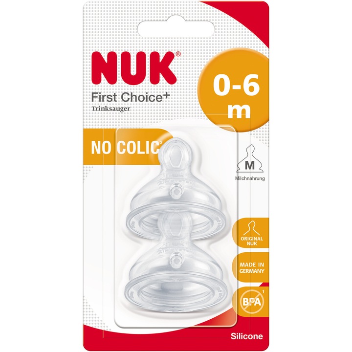 Залъгалка Nuk Frist Choice+, Силиконова, 0-6 месеца, Среден отвор, Комплект 2 броя