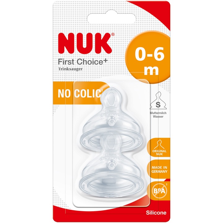Биберон Nuk Frist Choice+, Силиконова, 0-6 месеца, Тънък отвор, Комплект 2 броя