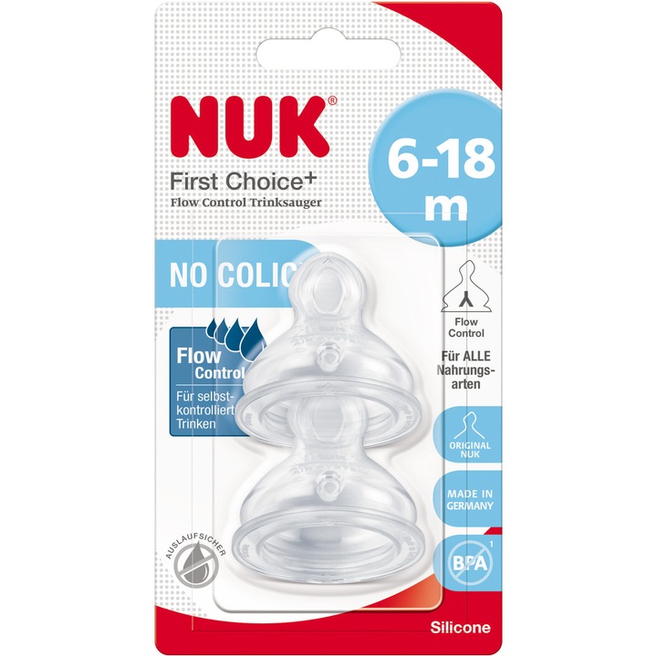 Биберон Nuk Frist Choice+, Силикон, 6-18 месеца, Y отвор с променлив поток, Комплект 2 броя