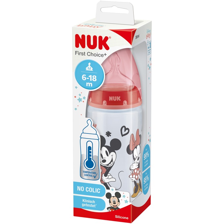 Шишенце Minnie Nuk First Choice+, Полипропилен, 300 мл, Силиконов биберон, 6-18 месеца, Среден отвор, Без BPA