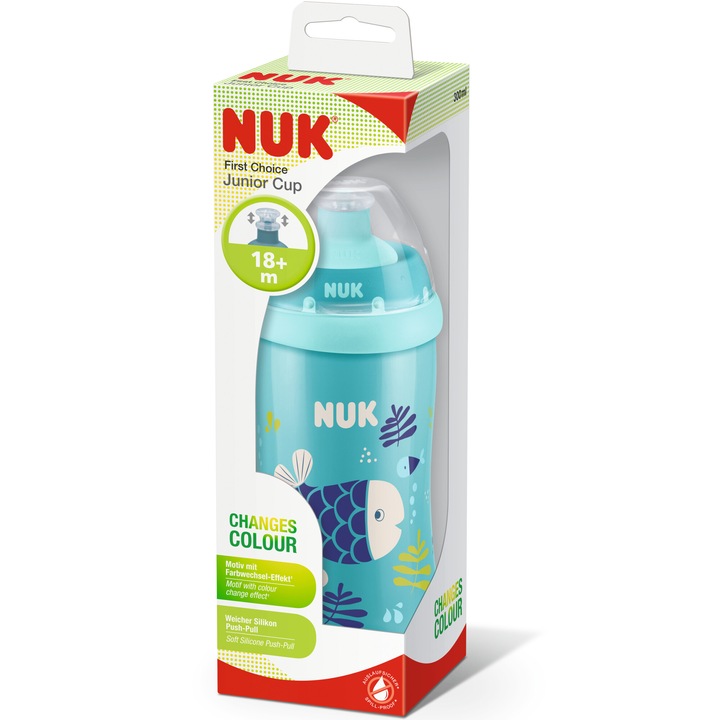 Чаша Nuk First Choice Junior, Със система Push-Pull, 300 мл, Син, С ефект на хамелеон
