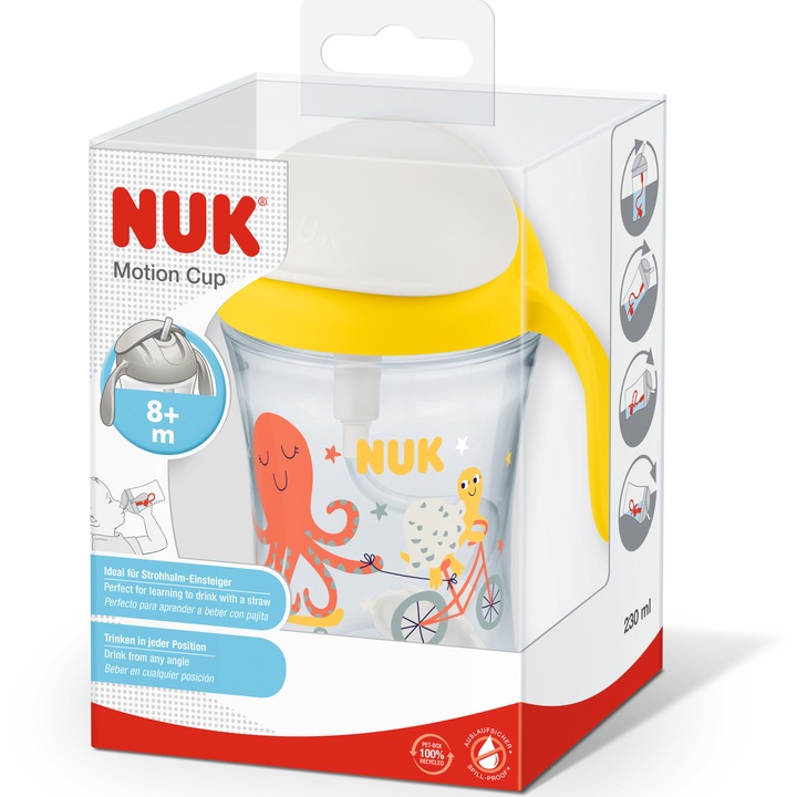 Чаша Nuk Motion, С гъвкава сламка, 230 мл, Жълт