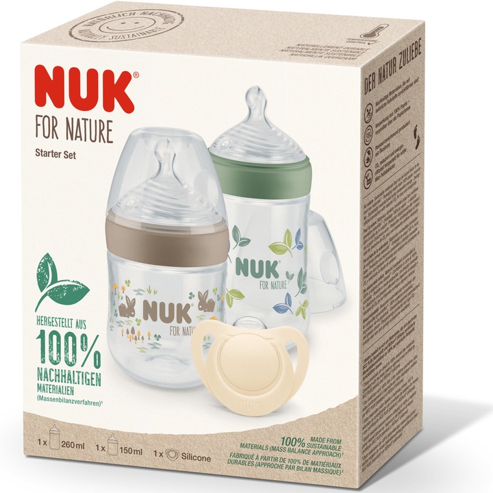 Стартов комплект Nuk For Nature, 2 шишенца 150 мл и 260 мл, Силиконови биберони, Ортодонтична залъгалка Nuk, Изработена от устойчиви материали, С индикатор за температурата, Без BPA