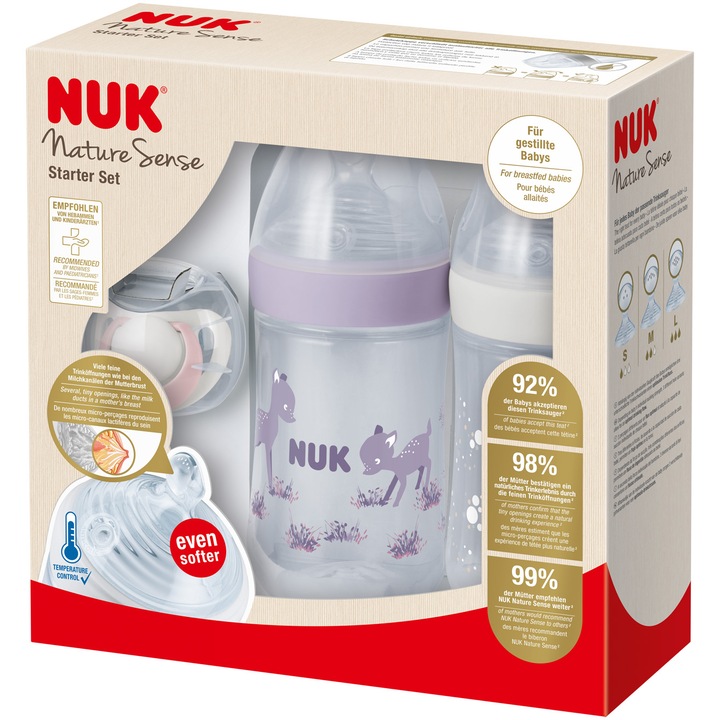 Комплект Twin Nuk Nature Sense, 2 полипропиленови шишенца със силиконови биберони + Ортодонтична залъгалка Nuk, С индикатор за температурата Nuk, Розов, Без BPA