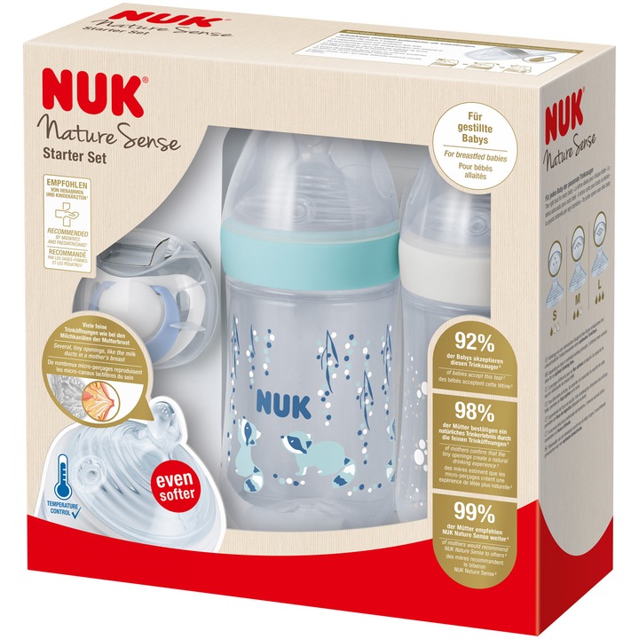Комплект Twin Nuk Nature Sense, 2 полипропиленови шишенца със силиконови биберони + Ортодонтична залъгалка Nuk, С индикатор за температурата Nuk, Син, Без BPA