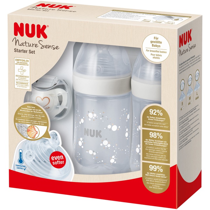 Комплект Twin Nuk Nature Sense, 2 полипропиленови шишенца със силиконови биберони + Ортодонтична залъгалка Nuk, С индикатор за температурата Nuk, Бял, Без BPA