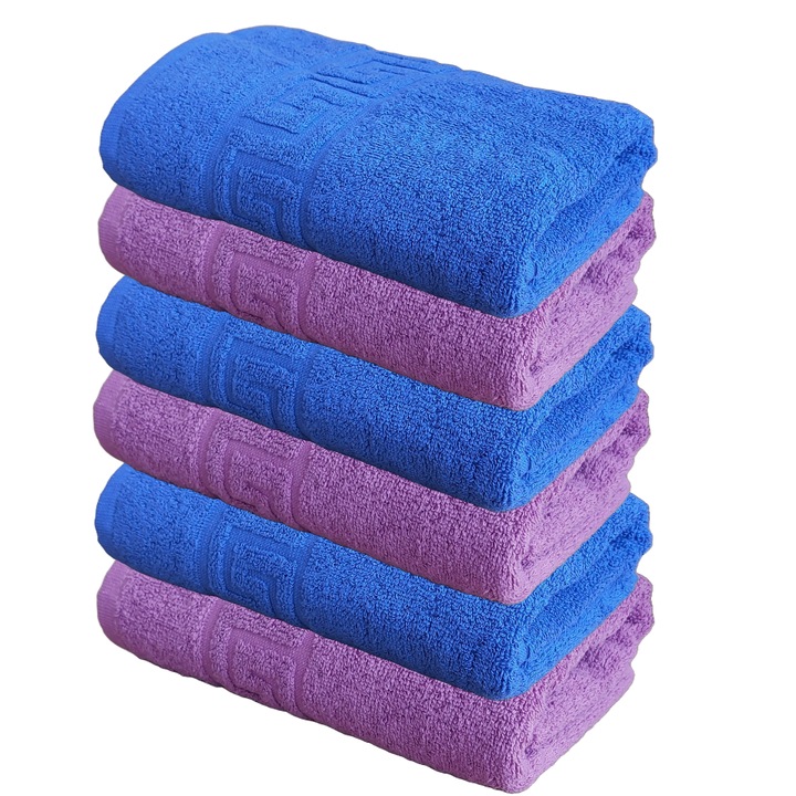 Bolyhos szállodai törölközőkészlet, 50 cm x 90 cm, 6 részes, görög modell, 100% pamut, 550 g/m2 sűrűség, kék-lila