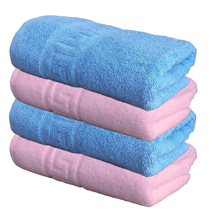 Пухкав комплект хотелски кърпи, 50см x 90см, 4 части, гръцки модел, 100% памук, плътност 550g/m2, розово-синьо небе