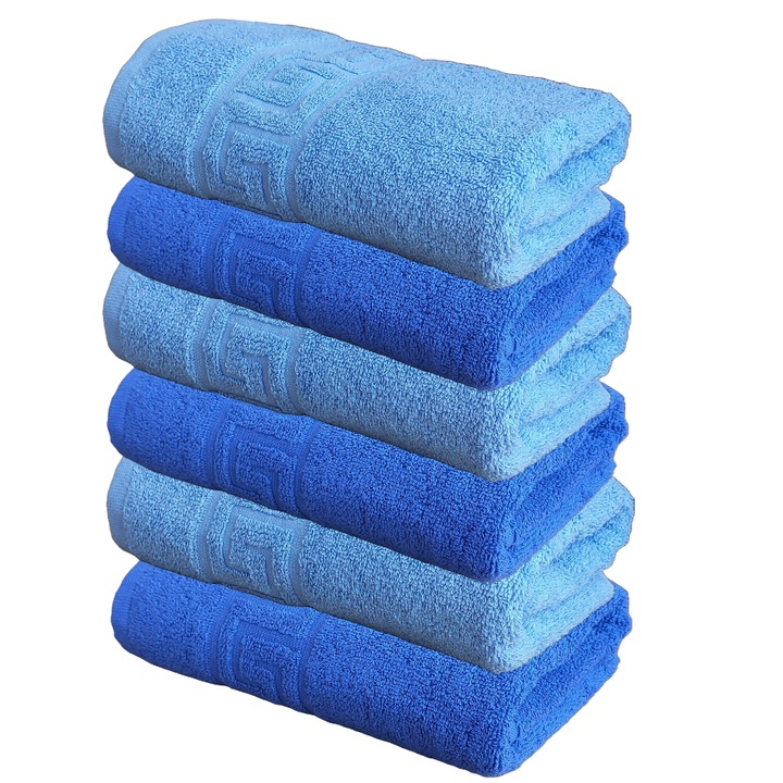 Set Prosoape Pufoase Hoteliere, 50cm x 90cm, 6 Piese, Model Greek, 100% Bumbac, Densitate 550g/mp, Albastru multicolor