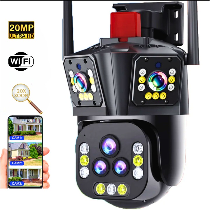 Camera Supraveghere exterior 4K UHD 20MP OnXsmart, Zoom Optic 20x, Rezistenta la apa, Lentile Duale Wide si Telefoto, Detectare Inteligenta AI, Vizualizare Nocturna Dual-Light, Unghi de Rotire 355°, A