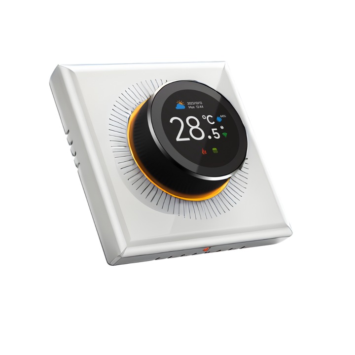 Intelligens szobatermosztát BIRAI® kazánhoz, Modern dizájn, Intelligens, WI-FI, Tuya alkalmazás, Heti programozás, Bármilyen gázfűtésű kazánnal kompatibilis, Kijelző, Idő, Dátum, Páratartalom, Alexa és Google, Fehér