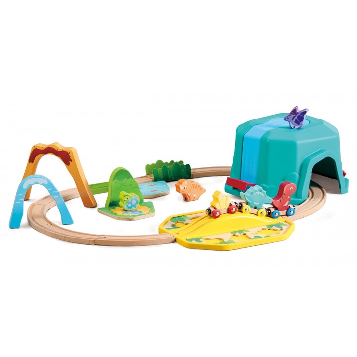 Set Trenulet din lemn cu dinozauri, cutie de depozitare, 18 luni+