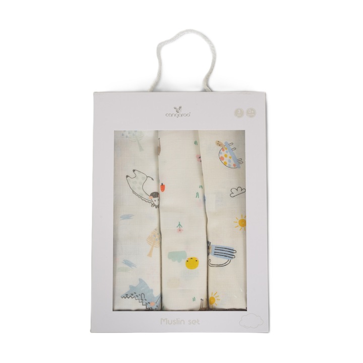Set 3 scutece muselina Cangaroo Baby Boy 80x80 cm, 100% bumbac, reutilizabile, Multicolor