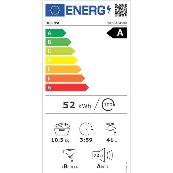 Masina de Spalat Rufe Frontala HISENSE WF5S1045BB, Steam, 10.5 kg, 1400rpm, Clasa A, Wi-Fi, Negru