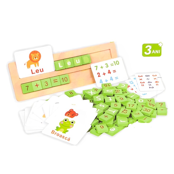 Multifunkcionális oktatójáték, alfanumerikus, fa, Montessori, román nyelvű
