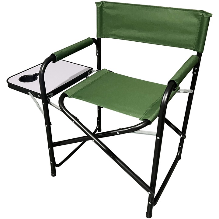 Стол за къмпинг Kring, Сгъваем, Тип "режисьорски", Със странична масичка, Стомана, 46x83x79 см, Forest green