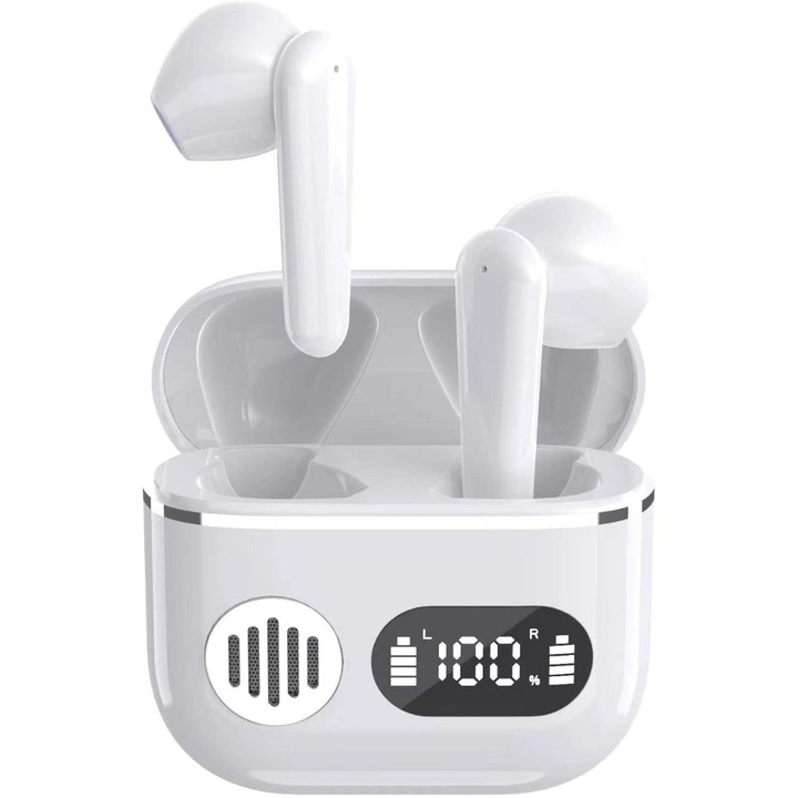 Casti wireless bluetooth 5.2 stereo, fara fir, control tactil, microfoane HD, anulare a zgomotului, afisare LED, universale, impermeabile, alb