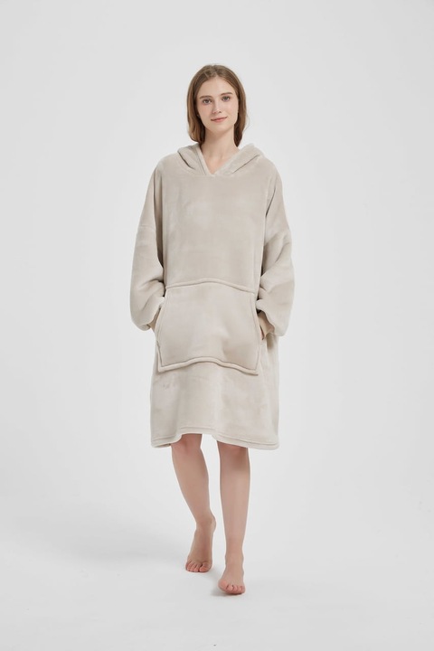 Hanorac patura, 60x100cm, cu captuseala din microfibra, cu gluga, bej